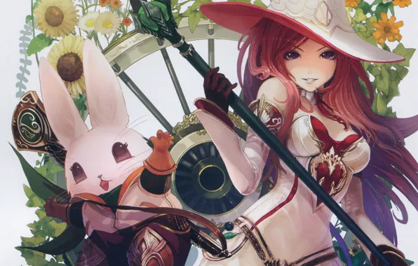 Picture girl, flowers, smile, hare, hat, anime, art, staff