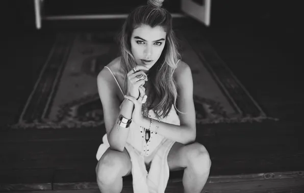 Look, girl, pose, black and white, sitting