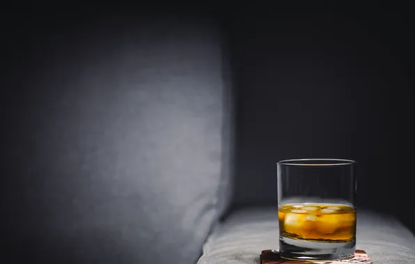 Glass, drink, alcohol, whisky, ice cubes, coaster, on the rocks