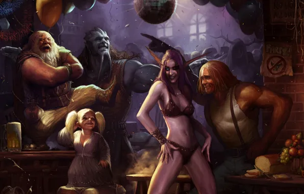 Picture ball, laughter, disco, bar, World of Warcraft, elf, party, dwarf