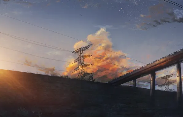 The sky, water, girl, bridge, bike, power lines
