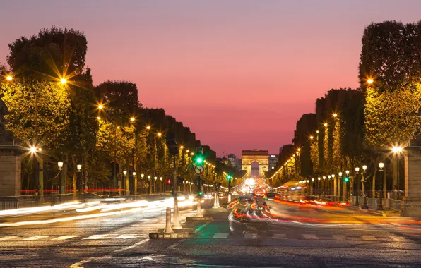 Road, trees, lights, France, Paris, the evening, excerpt, lights