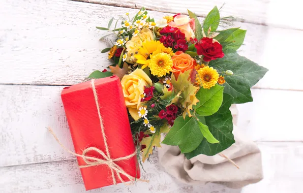 Leaves, flowers, gift, roses, chamomile, bouquet, chrysanthemum, flowers