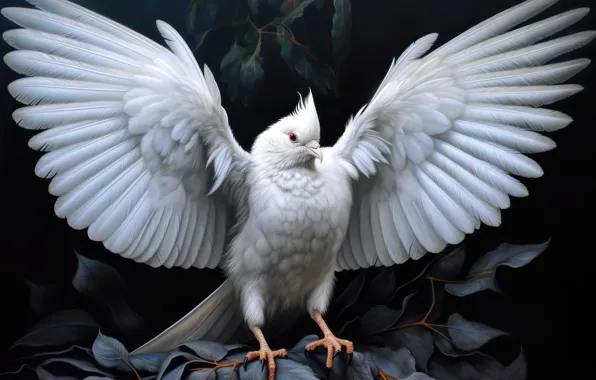 White, bird, dove, wings, branch, art, digital art, digital art