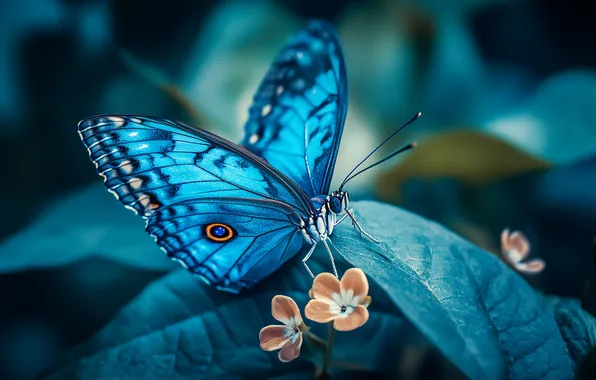 Leaves, macro, flowers, butterfly, insect, blue, blue background, blue