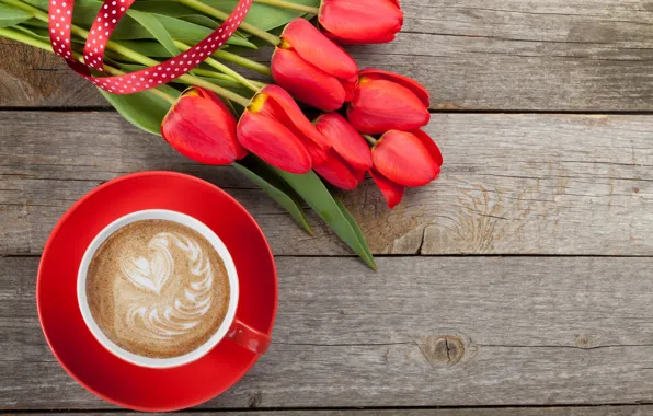 Picture coffee, tulips, red, love, cup, romantic, tulips, valentine's day