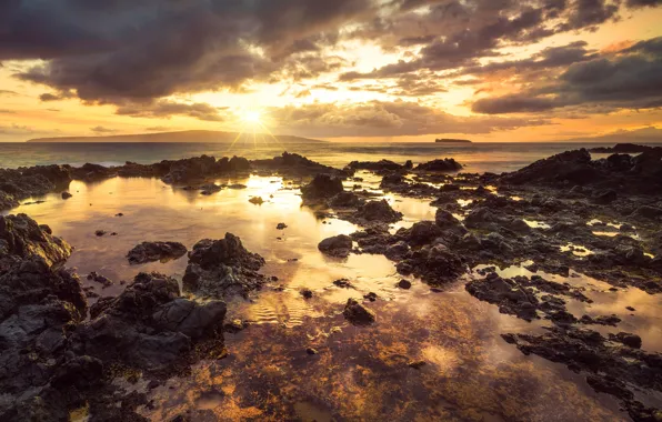 Sunset, shore, Hawaii, Makena Cove