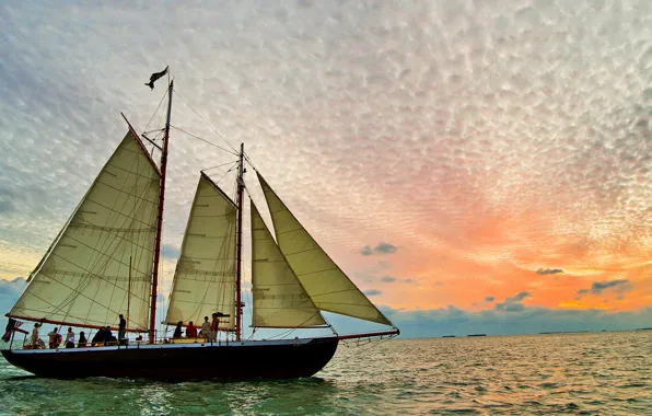 The sky, sunset, clouds, the ocean, ship, sailboat, the evening, sails