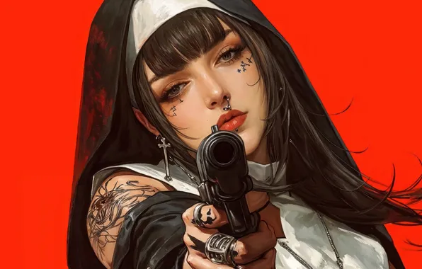 Picture Girl, Gun, Anime, Red Background, Now, Anime Girl, AI Generated