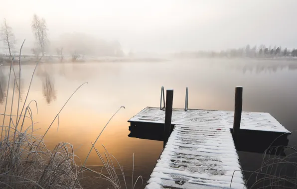Picture winter, bridge, fog, lake