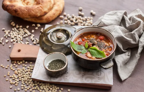 Greens, soup, pita, The first dish