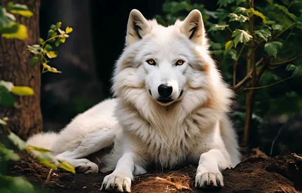 Picture forest, white, look, face, branches, nature, wolf, lies