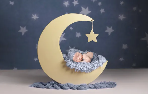 The sky, stars, pose, the moon, child, sleep, a month, baby