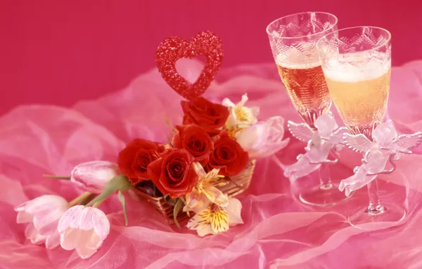Wine, roses, glasses, tulips, champagne, alstremeria