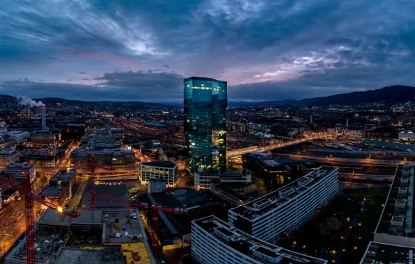 The sky, clouds, landscape, the city, lights, building, home, the evening