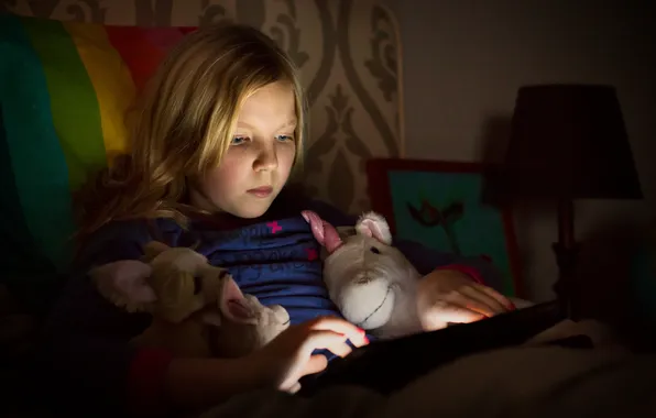 The game, toys, girl, tablet