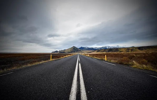Road, field, clouds, mountains, horizon, rainy