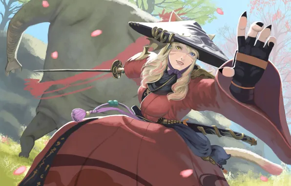 Cat, girl, monster, sword, hat, neko, ears