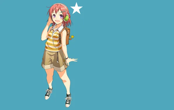 Girl, star, sneakers, minimalism, headphones, is, backpack, blue background