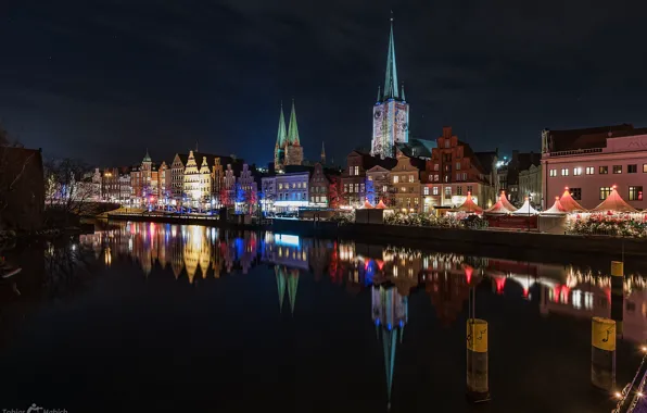 The sky, night, the city, reflection, river, building, home, Germany