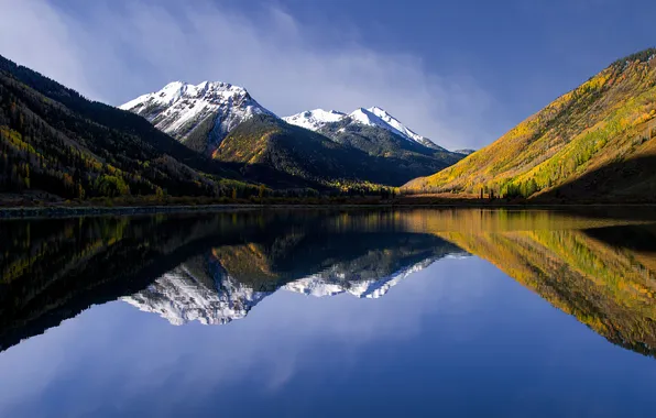 Autumn, forest, snow, mountains, lake, reflection, blue, shore