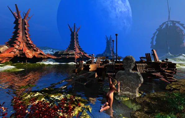 The sky, grass, water, girl, planet, tower, idol