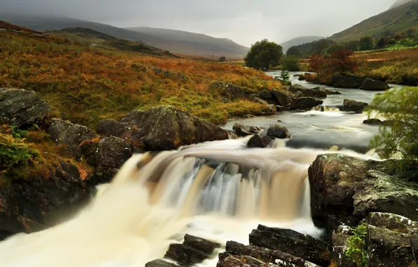 Picture autumn, grass, river, stones, hills, stream