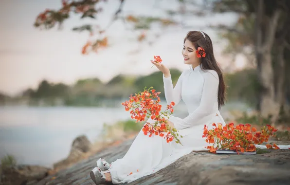 Picture joy, flowers, smile, positive, Asian, white dress, beautiful girl, smile