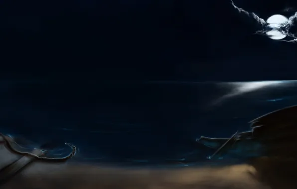 Sea, night, clouds, the moon, boat, the crash, the skeleton, art