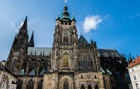 Picture the sky, Gothic, tower, Prague, Czech Republic, St. Vitus Cathedral