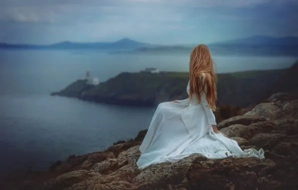 Sea, girl, landscape, mountains, nature, pose, fog, stones