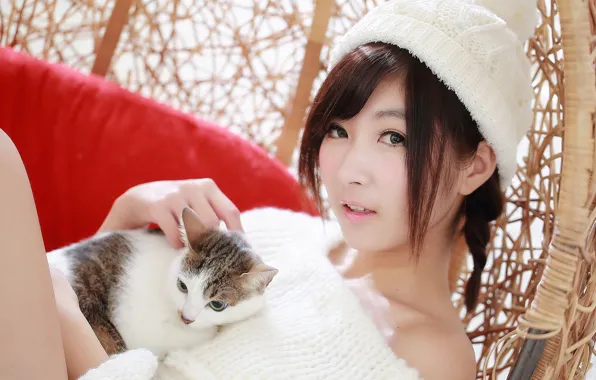 Cat, look, girl, hat, hair