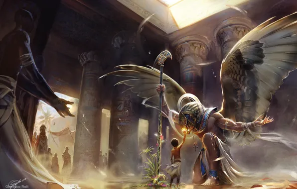 God, wings, boy, columns, temple, Egypt, wings, Egypt