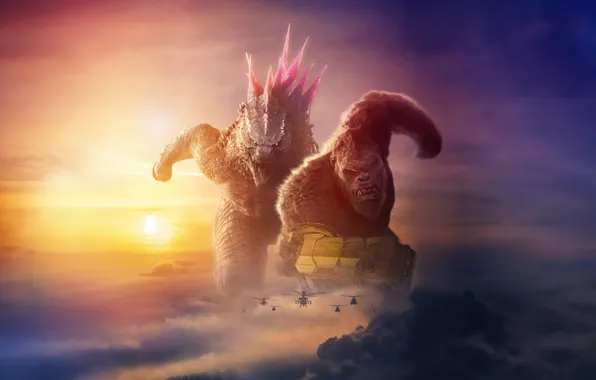 The sun, clouds, background, fiction, poster, helicopters, Godzilla x Kong: The New Empire, Godzilla and …