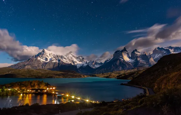 Clouds, mountains, night, bridge, lights, house, shore, house