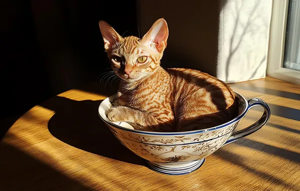Cat, light, pose, strip, kitty, table, window, red