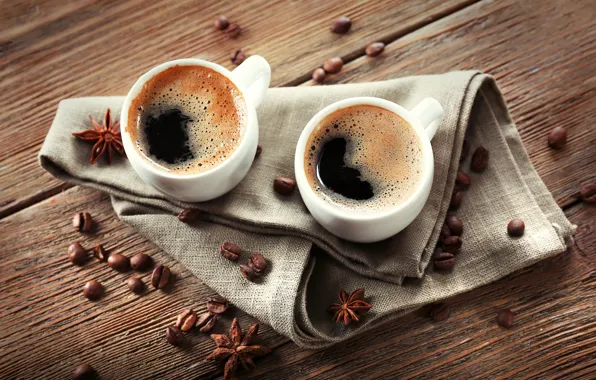 Picture coffee, Cup, napkin, star anise, cofeine grain