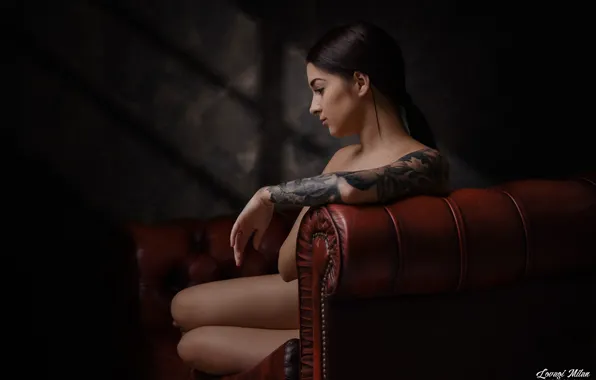 Picture girl, reverie, pose, background, sofa, mood, hand, tattoo
