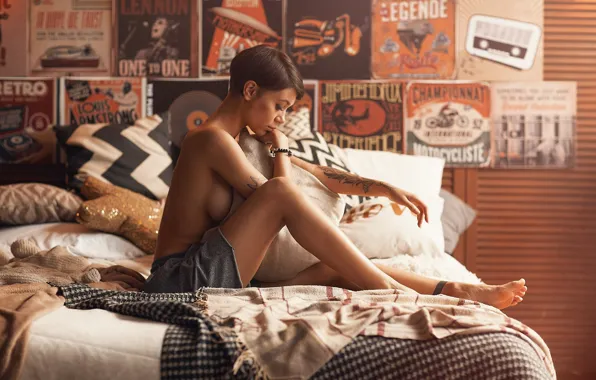 Boobs, nude, bed, breasts, Oleg Kovalenko