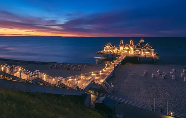 Sea, beach, sunset, Germany, pierce, restaurant, Germany, Sellin