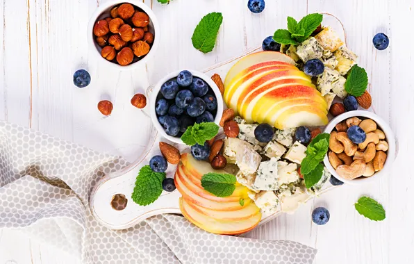Table, apples, cheese, blueberries, nuts, cutting Board, Timolina