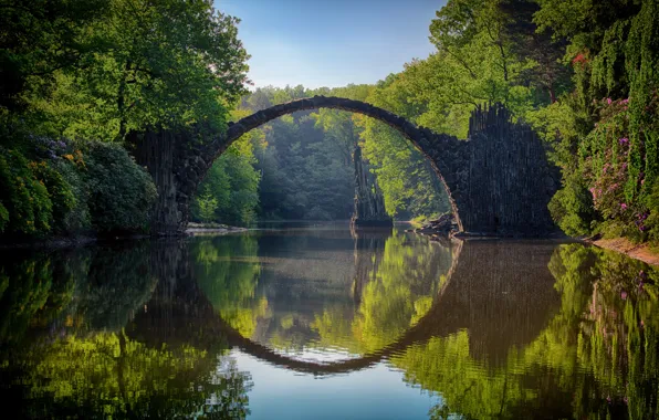 Forest, bridge, shore, arch, pond
