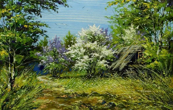 Road, house, stones, picture, spring, day, may, painting