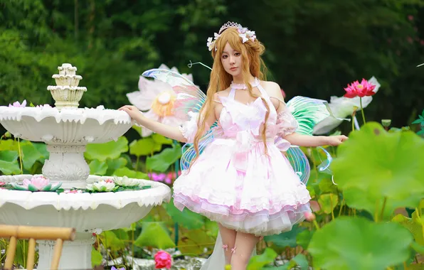 Beautiful, Asian, Model, Flowers, Woman, Cute, Pretty, Wings