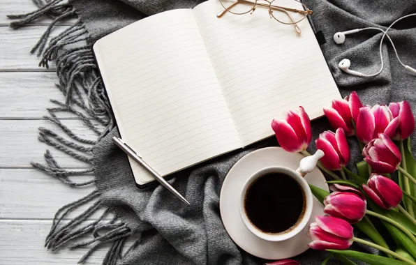 Coffee, bouquet, headphones, handle, Cup, tulips, Notepad, Olena Rudo