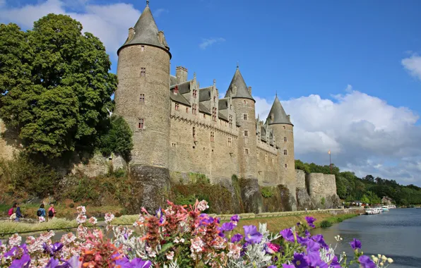 Flowers, river, castle, France, France, Brittany, Brittany, Josselin Castle