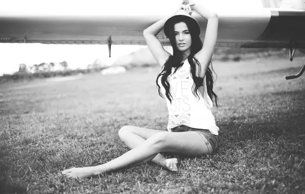 Girl, pose, hat, black and white