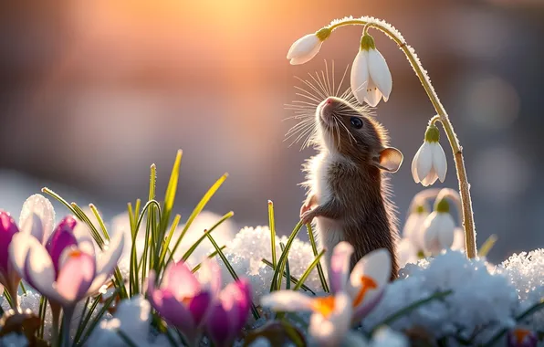 Winter, light, snow, flowers, spring, mouse, mouse, snowdrops