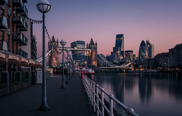 Water, the city, river, London, building, the evening, lights, promenade