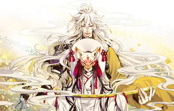 Girl, sword, anime, mask, art, guy, blonde, Touken Ranbu